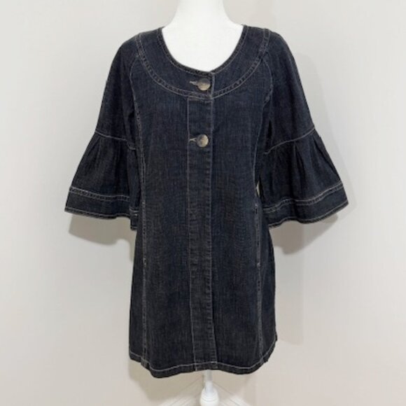 Live a Little Denim Jacket Tunic Dress Belted Back 3/4 Bell Sleeves Size L - Picture 5 of 5